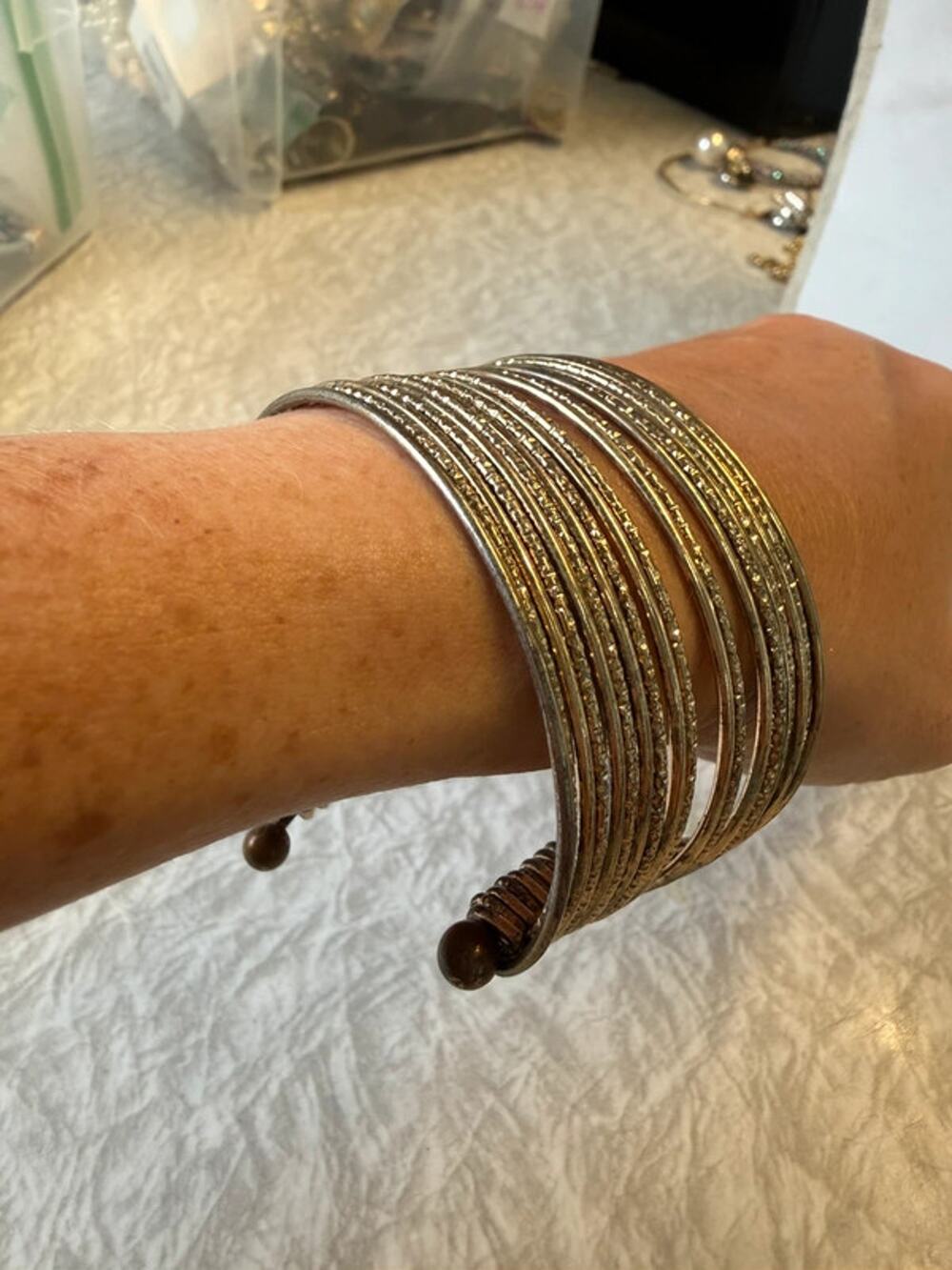 Vintage silver tone multi ring layer cuff bracelet